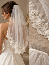 Load image into Gallery viewer, Ivory Lace Edge Wedding Veil with 3D Flowers & Pearls – 80 cm – Sale