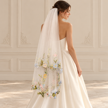 Load image into Gallery viewer, Pastel Floral Embroidered Edge Bridal Veil | 2 Tier