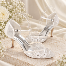 Load image into Gallery viewer, Ivory Satin Bridal Shoes with Floral Tulle Detail