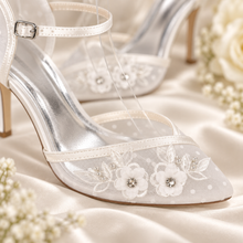 Load image into Gallery viewer, Ivory Satin Bridal Shoes with Floral Tulle Detail