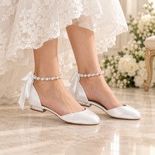 Load image into Gallery viewer, Round Toe Satin Bridal Flats – Custom Colour Wedding Shoes With Pearl, Plain or Ribbon Straps