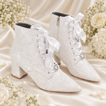 Load image into Gallery viewer, Lace Bridal Ankle Boots – Pointed Toe Block Heel Wedding Boots
