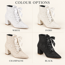 Load image into Gallery viewer, Lace Bridal Ankle Boots – Pointed Toe Block Heel Wedding Boots