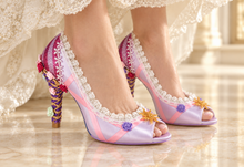 Load image into Gallery viewer, Rapunzel Inspired Bridal Heels | Lilac Satin, Lace & Ribbon Flowers