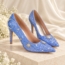 Load image into Gallery viewer, Light Blue Celestial Wedding Shoes – Glitter Moon & Star Heels