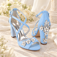 Load image into Gallery viewer, Cherry Blossom Satin Bridal Sandals – Block Heel Wedding Shoes