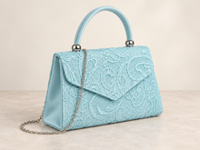 Load image into Gallery viewer, Light Blue Lace Top Handle Occasion Bag – Sale