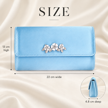 Load image into Gallery viewer, Light Blue Satin Clutch Bag with Floral Embellishment – Silver or Gold Wedding Guest Handbag