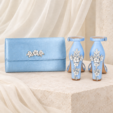 Load image into Gallery viewer, Light Blue Satin Clutch Bag with Floral Embellishment – Silver or Gold Wedding Guest Handbag