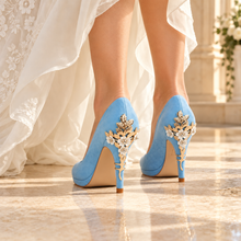 Load image into Gallery viewer, Light Blue Suede Wedding Shoes and Matching Cherry Blossom Clutch