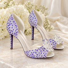 Load image into Gallery viewer, Lilac Crystal Bridal Shoes with Flower Detail | Custom Colour Peep Toe Heels