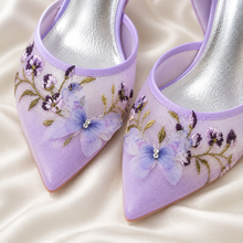 Load image into Gallery viewer, Lilac Embroidered Bridal Shoes – Block Heel Wedding Sandals