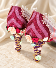 Load image into Gallery viewer, Rapunzel Inspired Bridal Heels | Lilac Satin, Lace & Ribbon Flowers