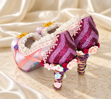 Load image into Gallery viewer, Rapunzel Inspired Bridal Heels | Lilac Satin, Lace & Ribbon Flowers