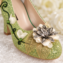 Load image into Gallery viewer, Tiana Inspired Bridal Block Heels | Green Glitter & Golden Leaves