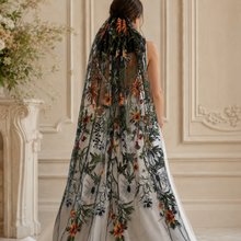 Load image into Gallery viewer, Black Autumn Floral Embroidered Wedding Veil | Handmade Bridal Veil UK