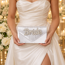 Load image into Gallery viewer, Personalised Pearl Bride or Mrs Satin Clutch Bag – Handmade Bridal Wedding Purse