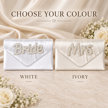 Load image into Gallery viewer, Personalised Pearl Bride or Mrs Satin Clutch Bag – Handmade Bridal Wedding Purse