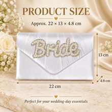 Load image into Gallery viewer, Personalised Pearl Bride or Mrs Satin Clutch Bag – Handmade Bridal Wedding Purse