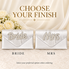 Load image into Gallery viewer, Personalised Pearl Bride or Mrs Satin Clutch Bag – Handmade Bridal Wedding Purse