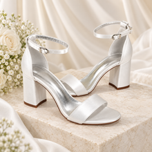 Load image into Gallery viewer, Satin Block Heel Bridal Sandals – Handmade Wedding Shoes in White, Ivory or Custom Colours
