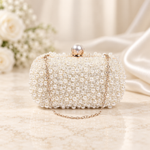 Load image into Gallery viewer, Handmade Ivory or White Pearl Clutch Bag – Bridal Wedding Purse with Pearl Clasp & Chain