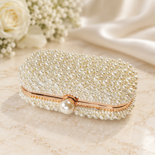 Load image into Gallery viewer, Handmade Ivory or White Pearl Clutch Bag – Bridal Wedding Purse with Pearl Clasp & Chain