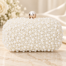 Load image into Gallery viewer, Handmade Ivory or White Pearl Clutch Bag – Bridal Wedding Purse with Pearl Clasp & Chain