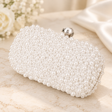 Load image into Gallery viewer, Handmade Ivory or White Pearl Clutch Bag – Bridal Wedding Purse with Pearl Clasp & Chain