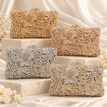 Load image into Gallery viewer, Luxury Swarovski Crystal Floral Clutch Bag – Gold, Champagne or Silver