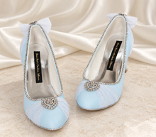 Load image into Gallery viewer, Cinderella Inspired Bridal Shoes | Something Blue Satin Block Heels