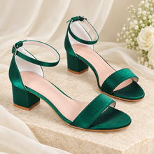 Load image into Gallery viewer, Satin Bridesmaid Sandals – Low Block Heel Wedding Shoes in Custom Colours