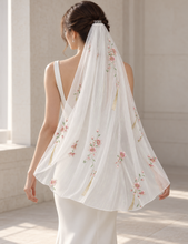 Load image into Gallery viewer, Pink Floral Embroidered Chiffon Wedding Veil with Gold Detail & Silver Comb