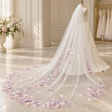 Load image into Gallery viewer, Pink & Lilac 3D Floral Cathedral Wedding Veil