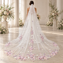 Load image into Gallery viewer, Pink & Lilac 3D Floral Cathedral Wedding Veil