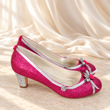 Load image into Gallery viewer, Aurora Inspired Bridal Block Heels | Pink Glitter & Ribbon Roses