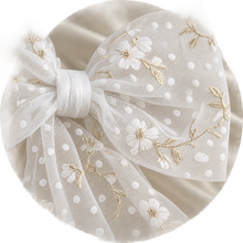 Load image into Gallery viewer, White and Gold Embroidered Tulle Bridal Hair Bow | Wedding Veil Alternative
