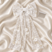 Load image into Gallery viewer, White and Gold Embroidered Tulle Bridal Hair Bow | Wedding Veil Alternative