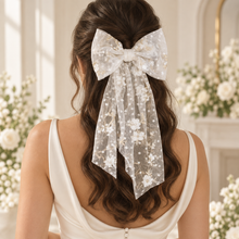 Load image into Gallery viewer, White and Gold Embroidered Tulle Bridal Hair Bow | Wedding Veil Alternative