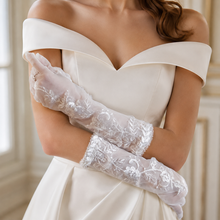 Load image into Gallery viewer, Embroidered Lace Bridal Gloves – Sheer Tulle Wedding Gloves