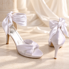 Load image into Gallery viewer, Ivory Satin Bridal Sandals with Leg Wrap Ties | 10cm Wedding Heels
