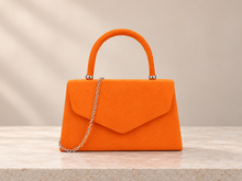 Load image into Gallery viewer, Orange Vegan Suede Top Handle Occasion Bag – Sale