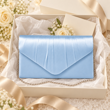 Load image into Gallery viewer, Light Blue Satin Bridal Clutch Bag – Something Blue Wedding Evening Purse with Chain