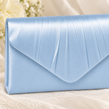Load image into Gallery viewer, Light Blue Satin Bridal Clutch Bag – Something Blue Wedding Evening Purse with Chain