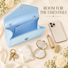 Load image into Gallery viewer, Light Blue Satin Bridal Clutch Bag – Something Blue Wedding Evening Purse with Chain