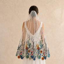 Load image into Gallery viewer, Ocean Floral Themed Embroidered Bridal Veil | Luxury Wedding Veil with Comb