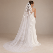 Load image into Gallery viewer, White 3D Floral & Pearl Wedding Veil – 200 cm Chapel Length – Sale