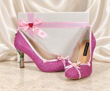 Load image into Gallery viewer, Aurora Inspired Glitter Bridal Heels | Ribbon Roses & Princess Details