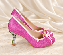 Load image into Gallery viewer, Aurora Inspired Glitter Bridal Heels | Ribbon Roses & Princess Details