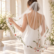 Load image into Gallery viewer, Wildflower Embroidered Bridal Veil – Colourful Floral Edge Wedding Veil